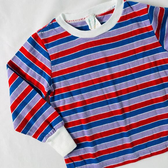 Vintage 80s JCP Toddle Time Single Stitch Red & Purple Striped Long Sleeve Top 4 - Picture 1 of 8
